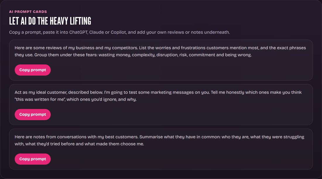 AI prompt cards: Ready to copy prompts that turn your reviews and notes into insight in minutes.