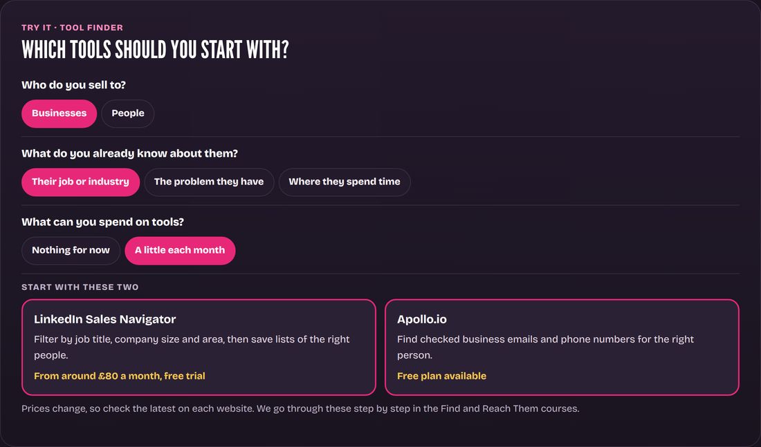 Tool finder: The two tools to start with for your business and budget, so you find customers faster.