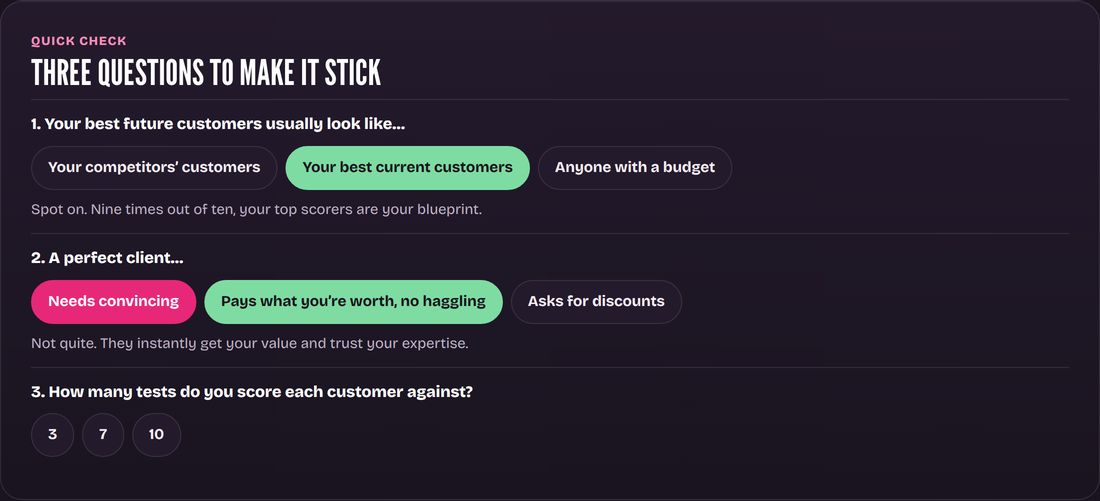 Quick checks: Three questions at the end of every module, so the important bits stick and you can put them to work.