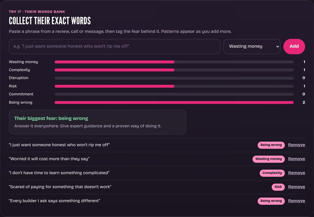 Words bank: A bank of their exact phrases and their biggest worry, ready to use in your headlines, posts and sales calls.