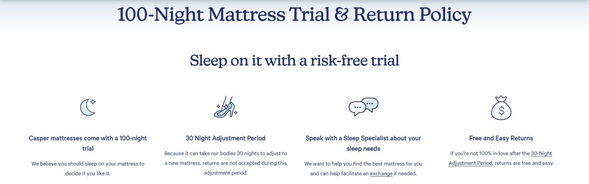 Casper 100 night mattress trial page