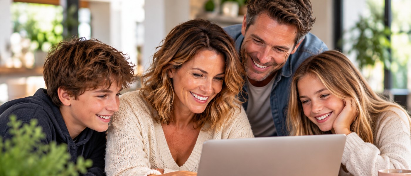 A happy family gathered round a laptop at the kitchen table