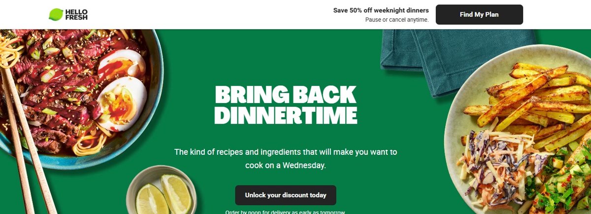 HelloFresh homepage: save 50% off, pause or cancel anytime