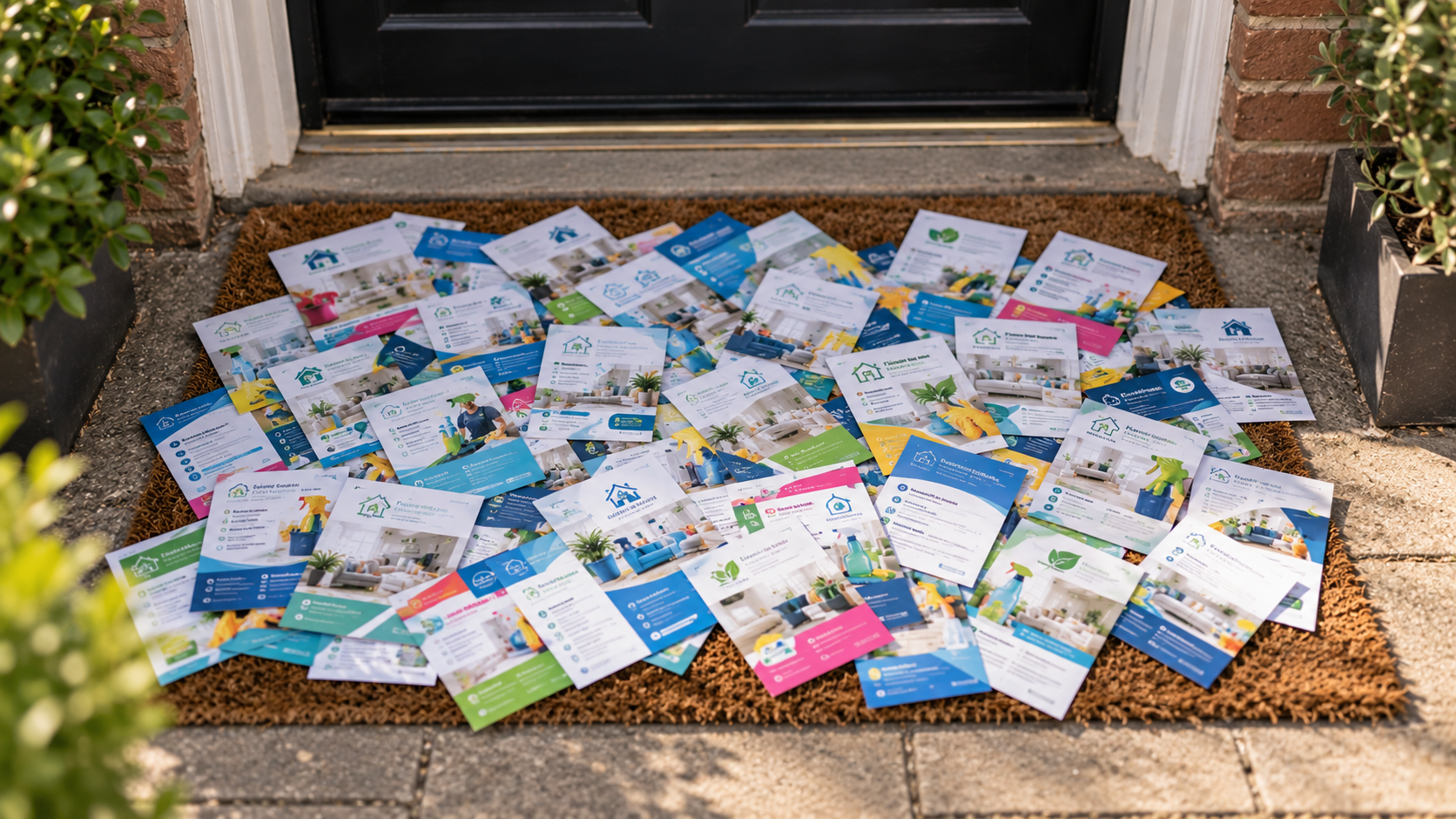 A doormat covered in near identical cleaning company leaflets, all saying the same thing