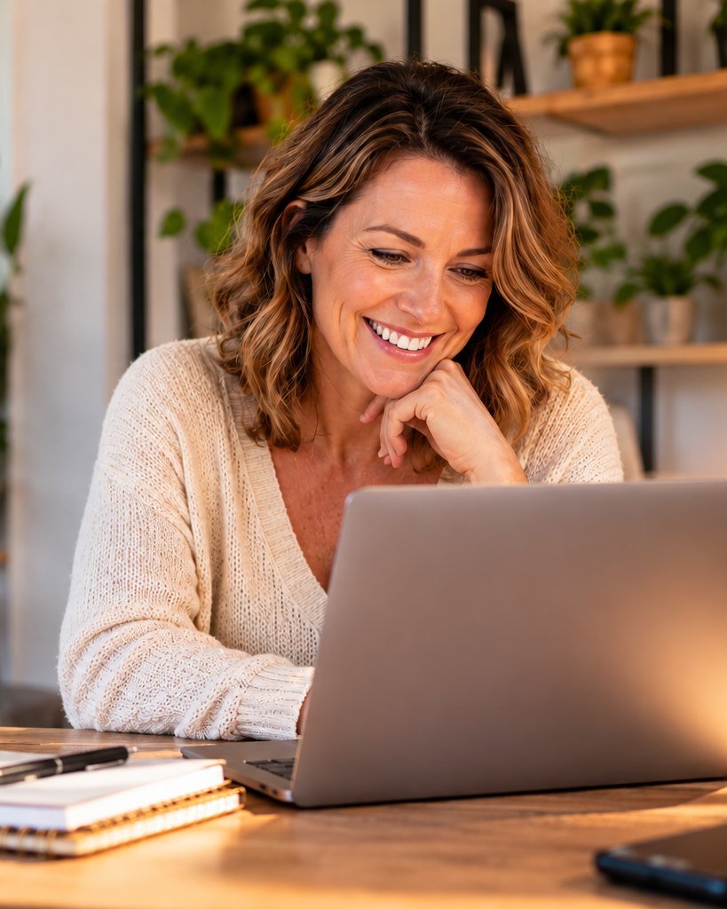 A business owner smiling as she works on her offer at her laptop