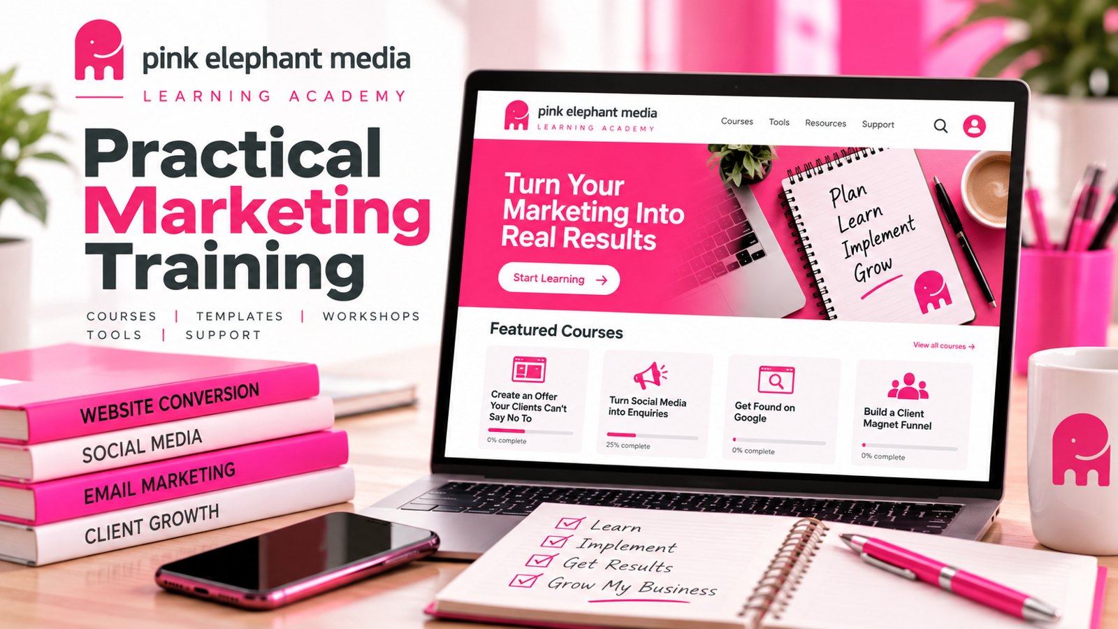 The Pink Elephant Learning Academy: practical marketing training, courses, templates, workshops, tools and support